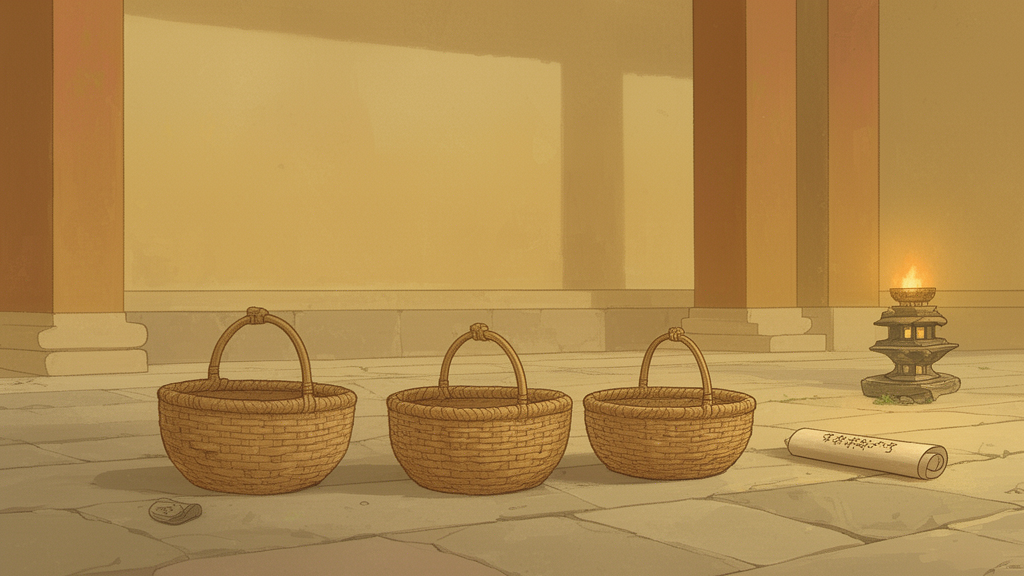 Three woven baskets set in a row beside a rolled scroll on a stone floor, suggesting the three-part Buddhist Tripitaka collection.