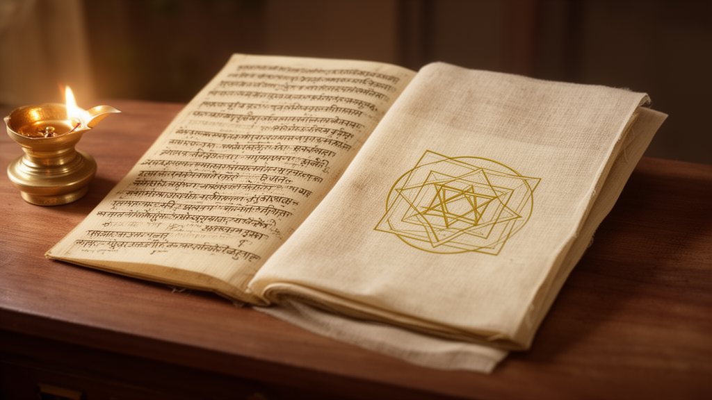Open palm-leaf manuscript beside a brass oil lamp and a gold-ink yantra diagram on a wooden desk, representing the written and symbolic side of tantric teaching.