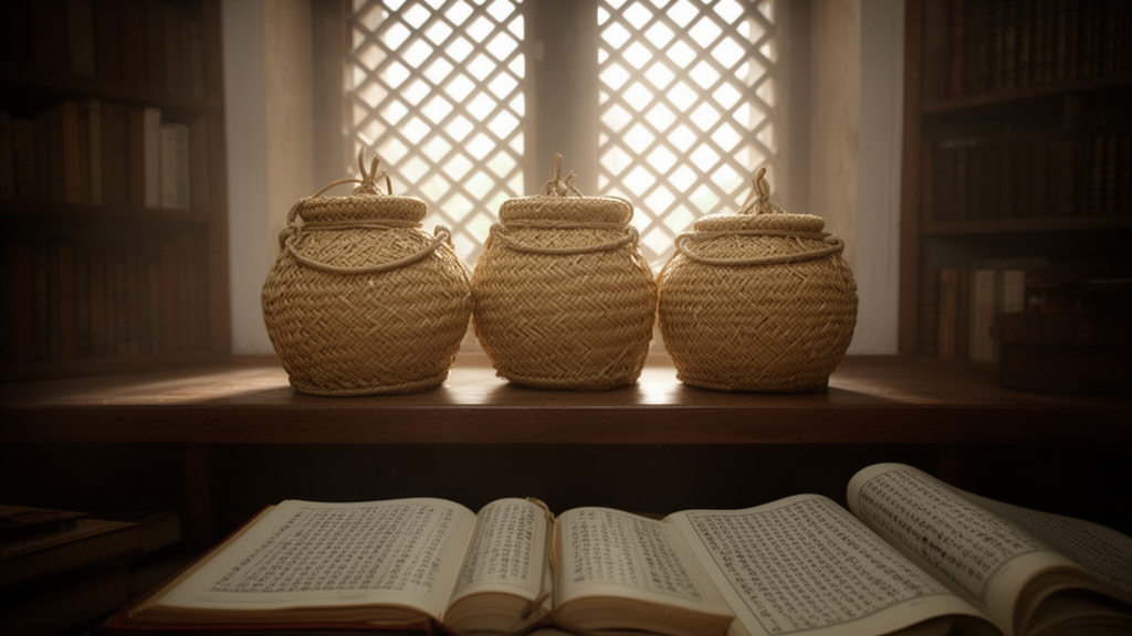 Three woven baskets on a wooden shelf beside open palm-leaf manuscripts in a quiet library, illustrating the three-basket idea of the Tripitaka.