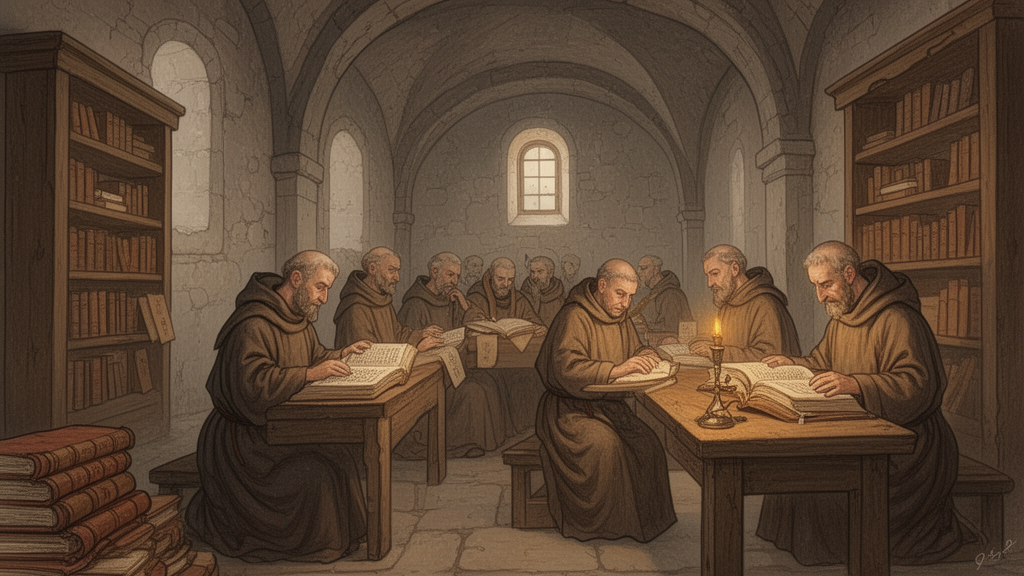 Monks in simple robes study and copy manuscripts at wooden desks in a monastery scriptorium, representing the transmission of Buddhist scripture.