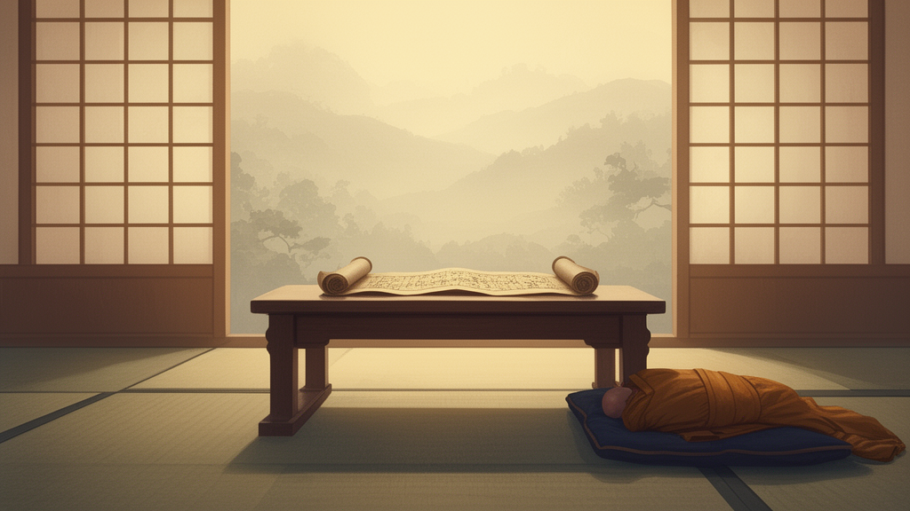 A quiet Zen meditation hall with a wooden altar, an open scroll, a folded monastic robe, and soft morning light through paper screens.