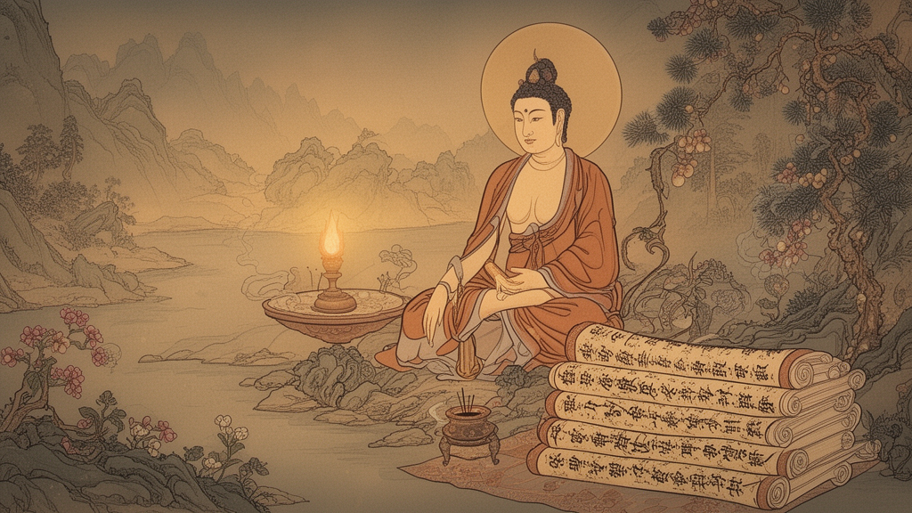 A serene bodhisattva figure seated beside stacked hand-copied scrolls and a small incense burner in warm lamplight.