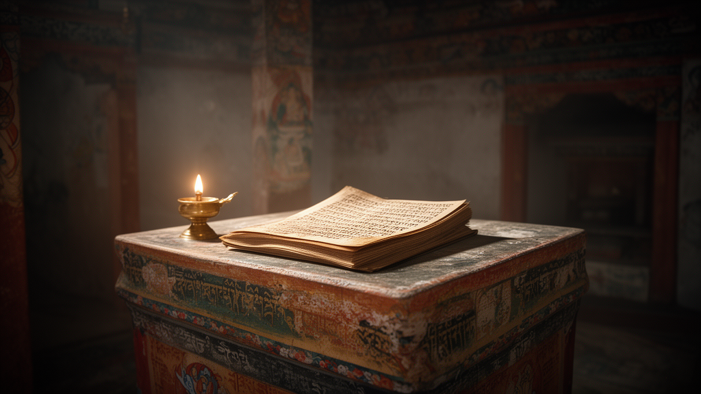 An open ancient-style manuscript on a monastery altar beside a small brass lamp, with painted decorative borders suggesting Himalayan Buddhist scripture traditions.