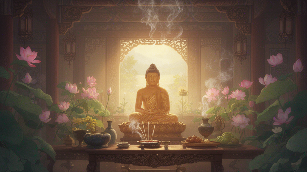 A quiet Mahayana Buddhist shrine with a seated Buddha statue, lotus flowers, and rising incense in soft morning light.