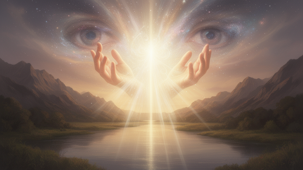 A luminous, abstract cosmic light rising above a calm river and mountains, suggesting a formless divine presence in a devotional illustration.