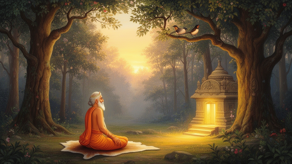Illustration of a quiet forest hermitage at dawn with two birds on the branches of one tree and a seated sage meditating in the foreground.