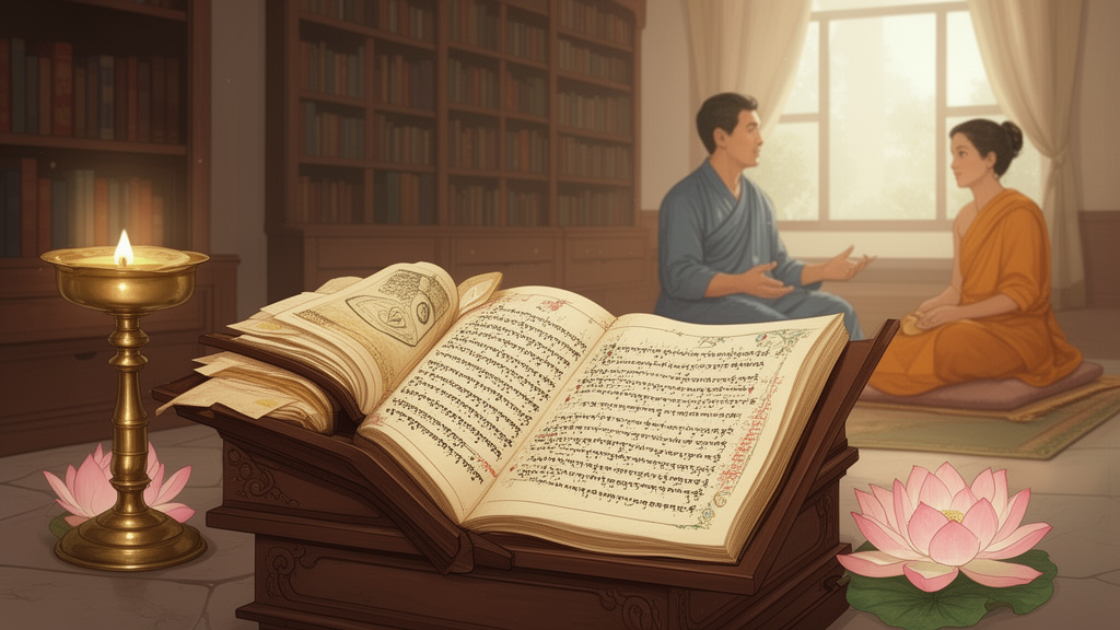 Illustration of an open palm-leaf manuscript on a lectern beside a brass lamp and a lotus, suggesting scriptural study.
