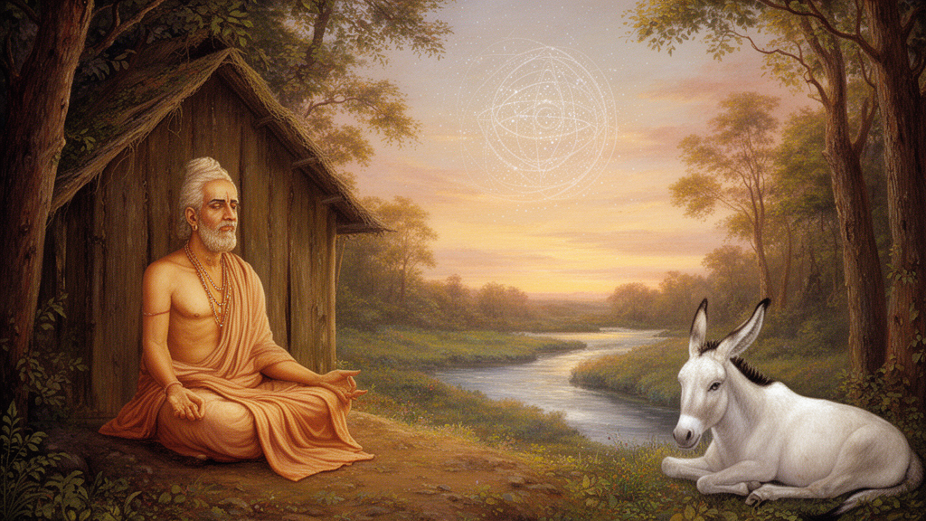 A sage meditating in a forest hermitage at dawn beside a white mule and a river, with a faint cosmic wheel in the sky, illustrating the setting of the Svetasvatara Upanishad.