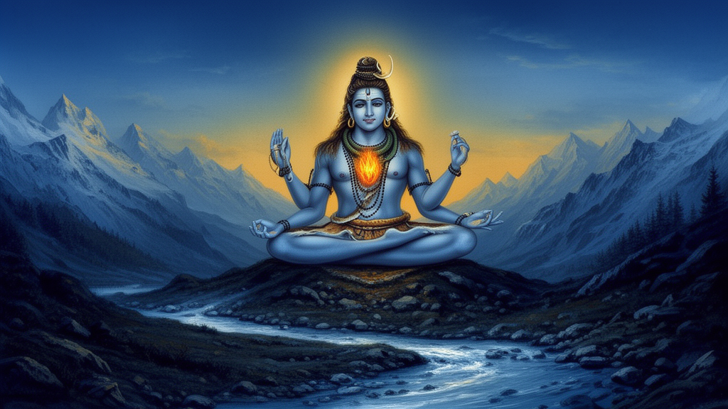 Lord Shiva seated in meditation on a Himalayan slope at dusk with a small glowing flame at his chest, illustrating the Rudra-Shiva and Ishvara themes discussed in the Svetasvatara Upanishad.