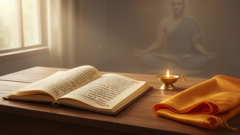 An open manuscript, brass oil lamp and folded saffron cloth on a wooden desk beside a window, suggesting quiet study of scripture.