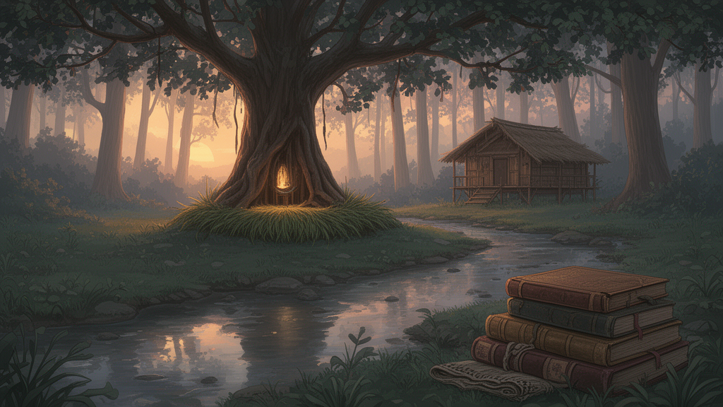 A dawn forest hermitage with a banyan tree, a stream and a stack of cloth-bound books, suggesting a setting for Upanishadic meditation.