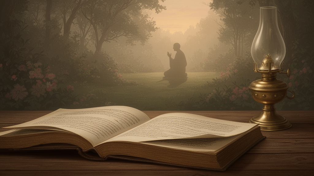 An open old book and a brass oil lamp on a wooden desk, with a faint seated teacher silhouette in a dawn garden behind them.