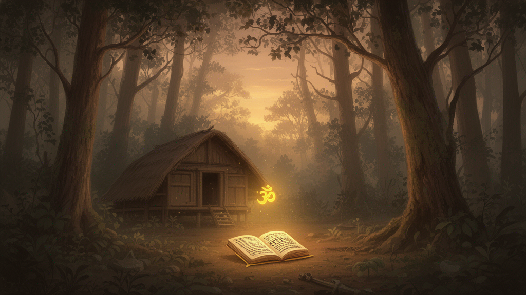 Illustration of a dawn hermitage with a glowing Om symbol above an open palm-leaf manuscript, representing the Mandukya Upanishad's teaching on Om.