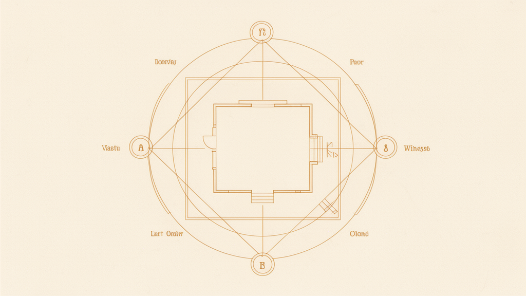A symbolic floor plan with eight directional markers and a central open courtyard, illustrating the Vastu directions discussed in the article.