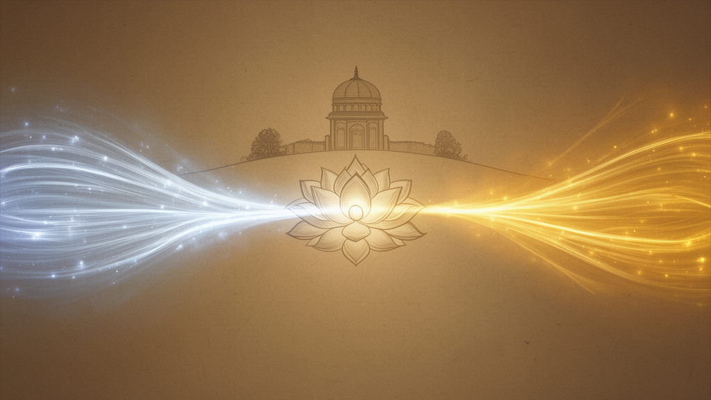 Two soft streams of light, one cool and one warm, meeting at a central point above a distant temple silhouette, representing breath flow in swar shastra.