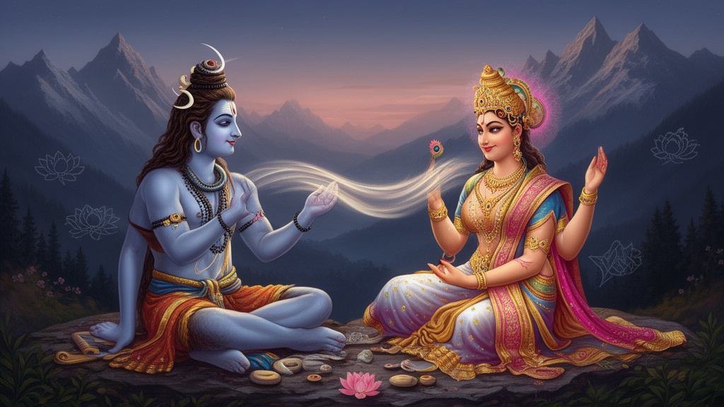 Illustration of Lord Shiva and Goddess Parvati seated together at dusk in a Himalayan setting, with a soft light suggesting breath between them.