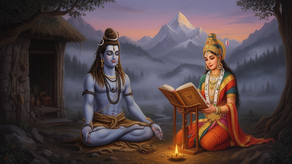 Shiva and Parvati seated together in a Himalayan hermitage at dusk, with Parvati holding an open manuscript beside a lamp.