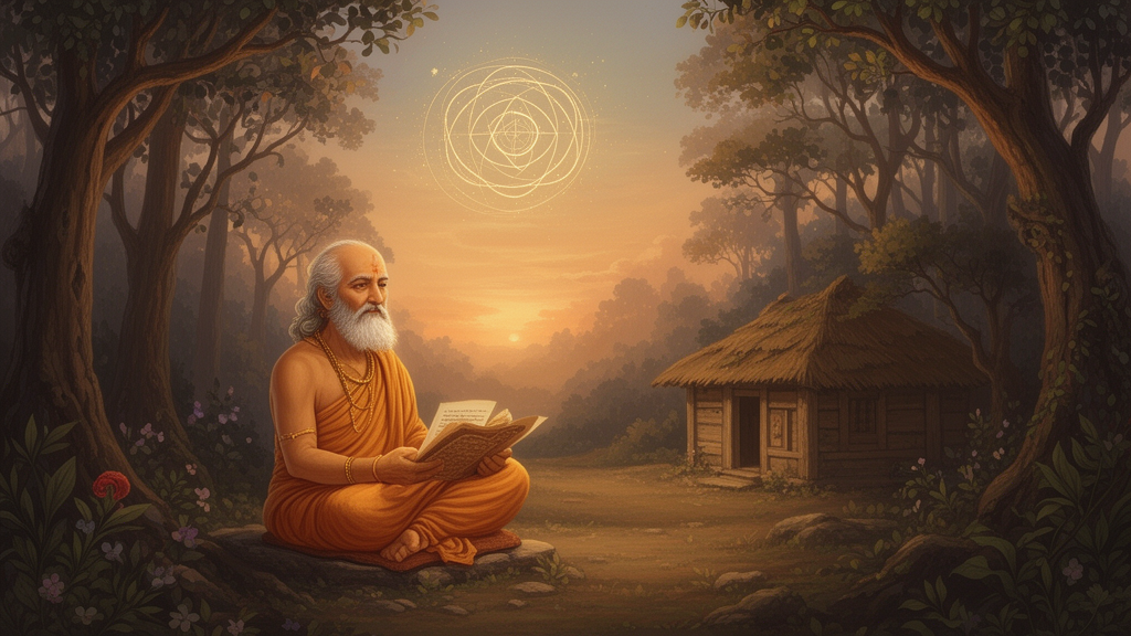 Illustration of a seated sage meditating in a forest hermitage at dawn beside an open palm-leaf manuscript, with a faint cosmic wheel symbol in the sky.