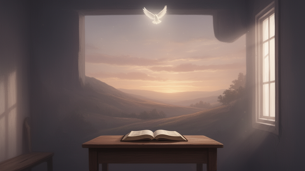 An open Bible on a wooden table in a quiet room with morning light from a window, suggesting Christian prayer and reflection on the Holy Spirit.