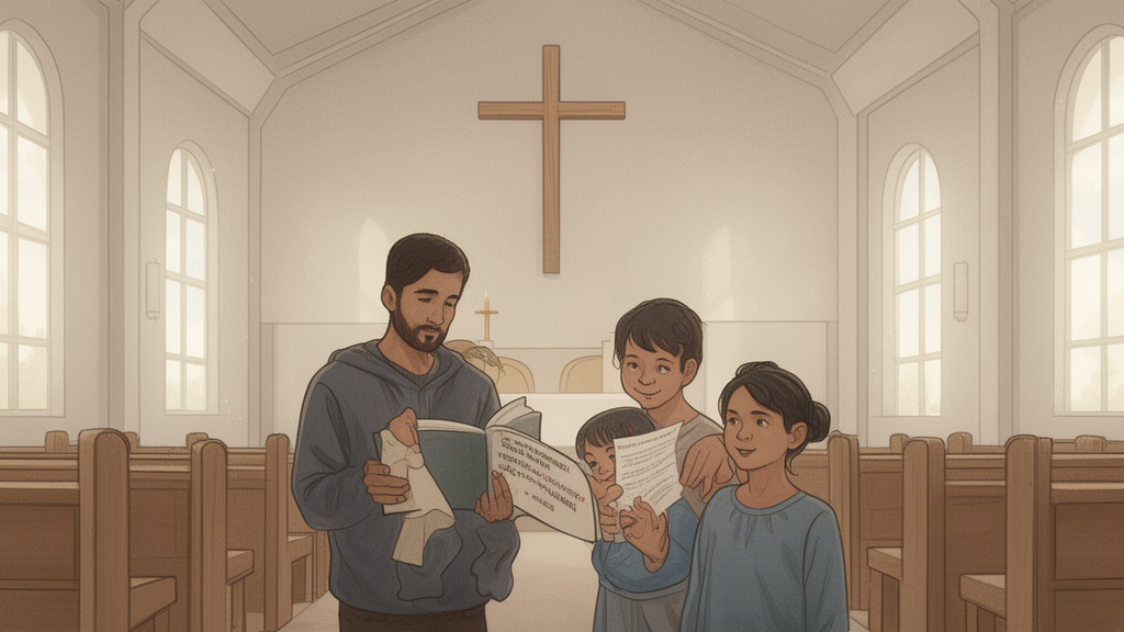 A family in a parish hall sharing a prayer booklet together before Mass, with a wooden cross on the wall.