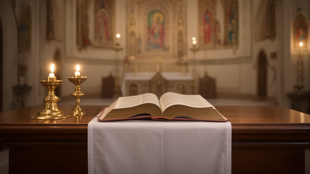 An open liturgical book resting on a wooden altar in a quiet church, with soft candlelight and a white altar cloth, illustrating the Syro-Malabar Holy Qurbana book.