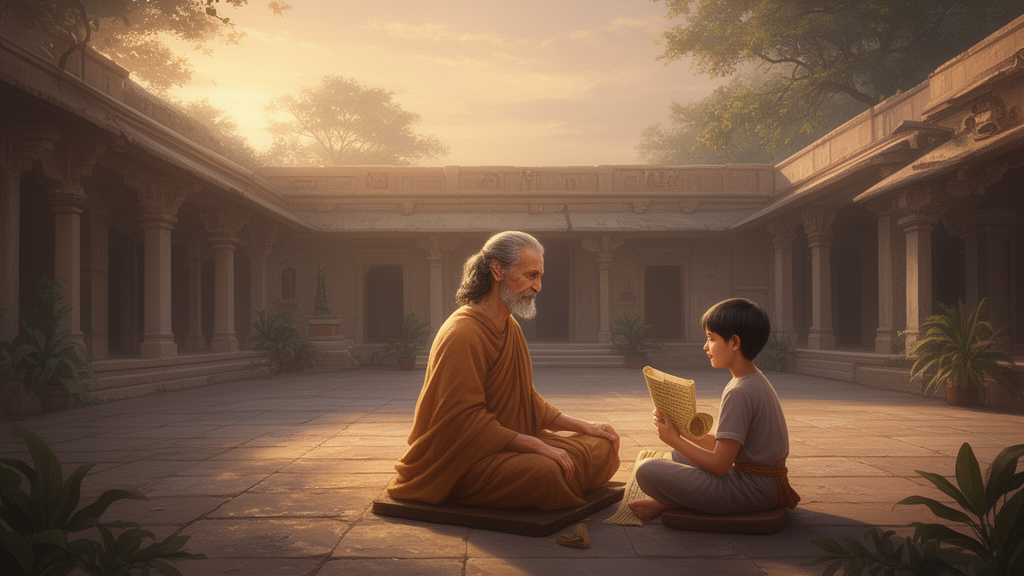 A teacher and student sit together in a morning ashram courtyard while the student reads from a palm-leaf manuscript, illustrating traditional Vedic study.