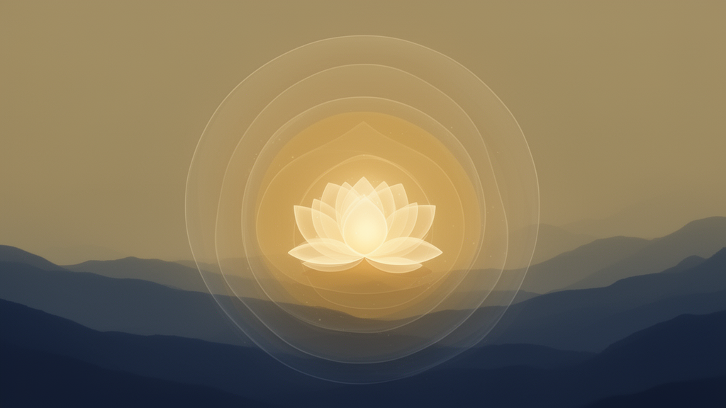 Five soft translucent layers surround a glowing lotus at the center, a symbolic illustration of the five sheaths described in the Taittiriya Upanishad.