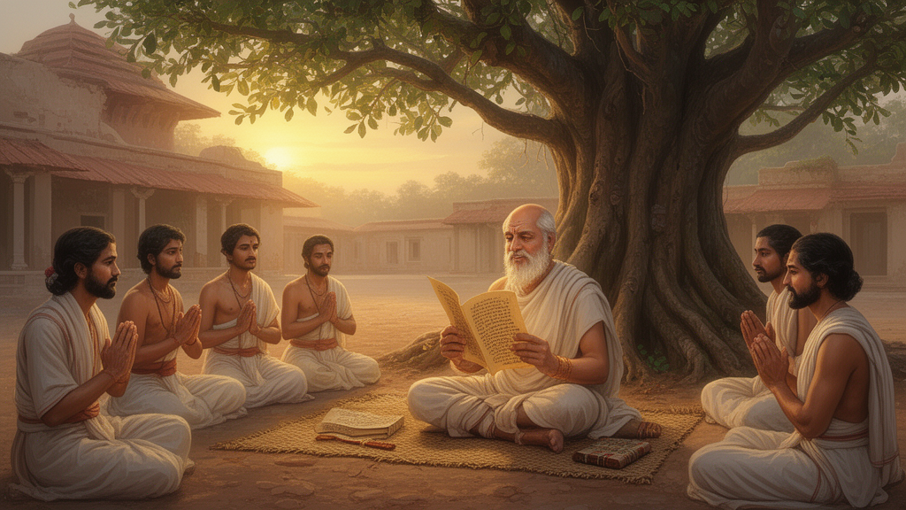 Illustration of a teacher reciting from a palm-leaf manuscript under a banyan tree while students listen at dawn in an ancient gurukul setting.