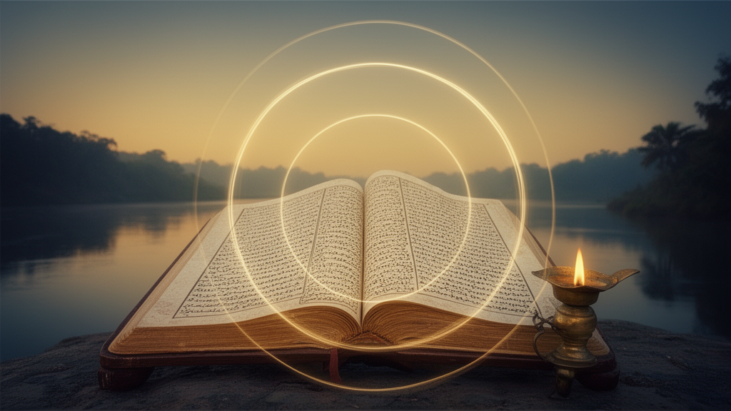 Illustration of an open palm-leaf manuscript beside a brass oil lamp, with three soft circles of light and a calm river at twilight.