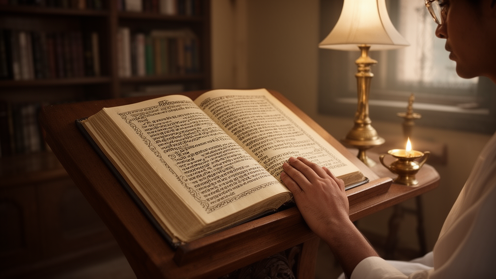 An open manuscript of a Vedic text on a wooden lectern in a quiet study room, lit by a small brass oil lamp, with a hand resting beside the page.