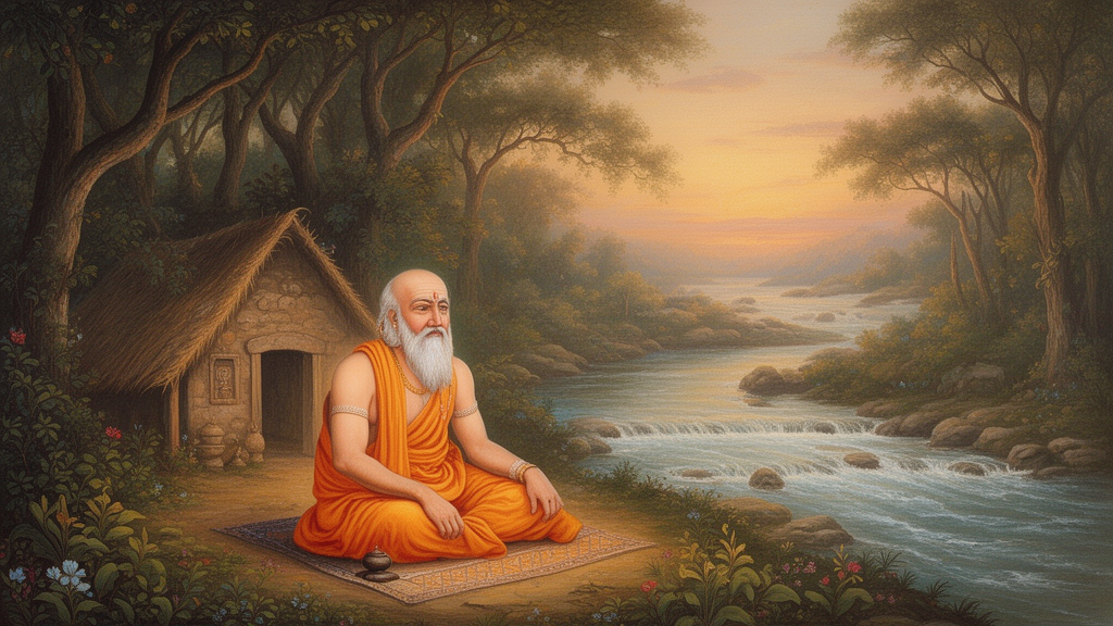A sage seated in a forest hermitage at dawn beside a river, drawn in a classical Indian painting style.