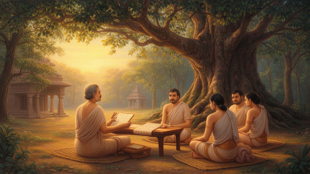 Teacher and students seated under a banyan tree in a forest hermitage at dawn, with open palm-leaf manuscripts on a wooden stand.