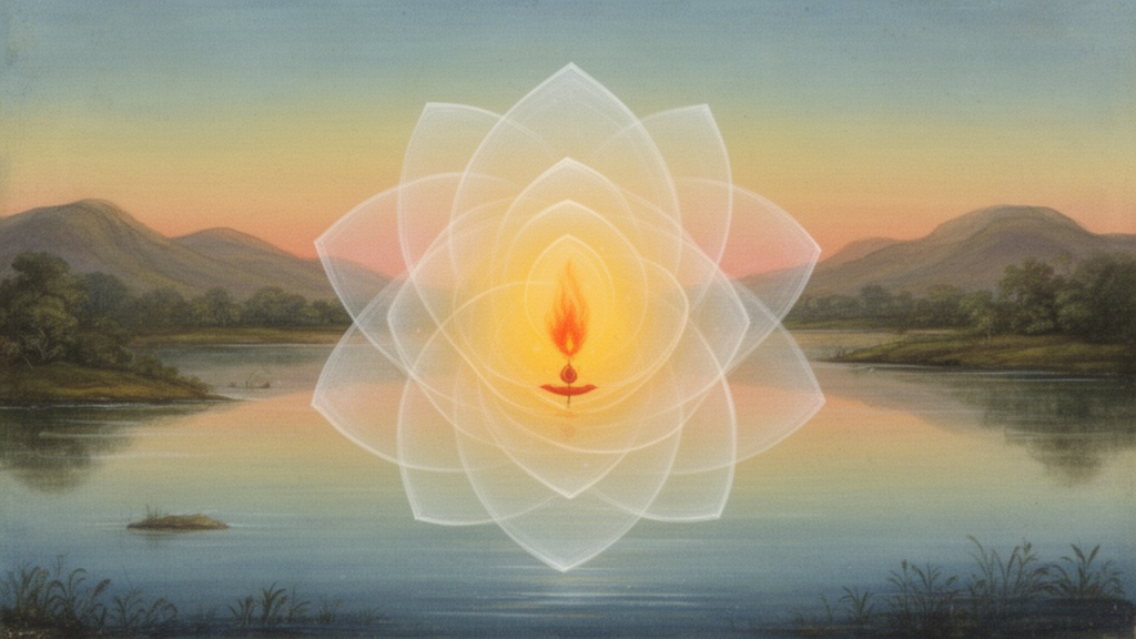 Five translucent lotus-shaped layers surrounding a small central flame above a calm river at sunrise.