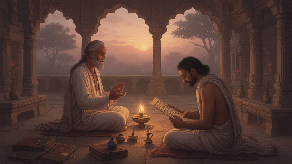 A teacher and student sit in a traditional study hall at dawn, reading a palm-leaf manuscript of a Sanskrit scripture by lamplight.