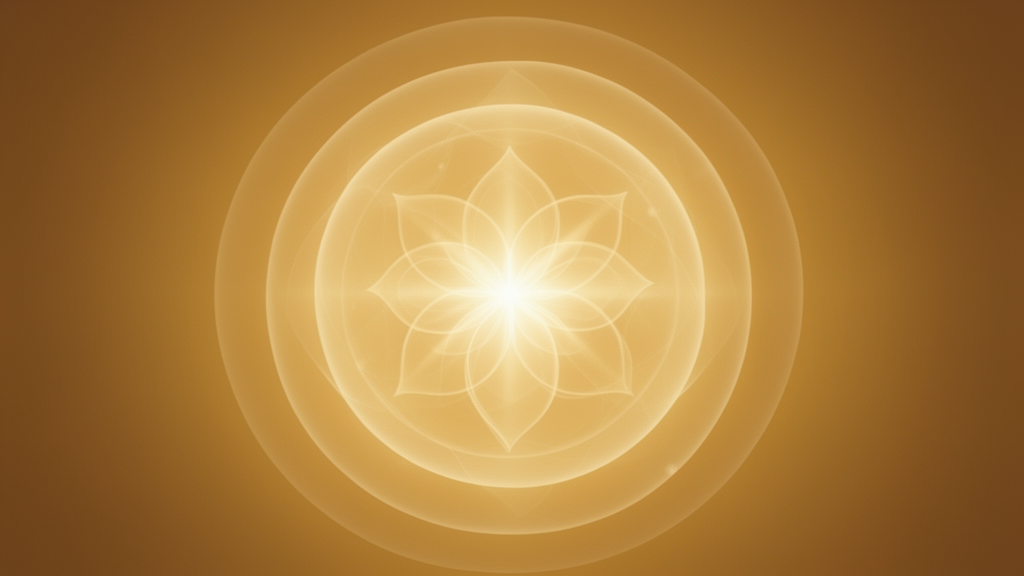 Five translucent, nested layers of light surround a glowing central point, with a faint lotus outline, illustrating the five sheaths described in the Taittiriya Upanishad.