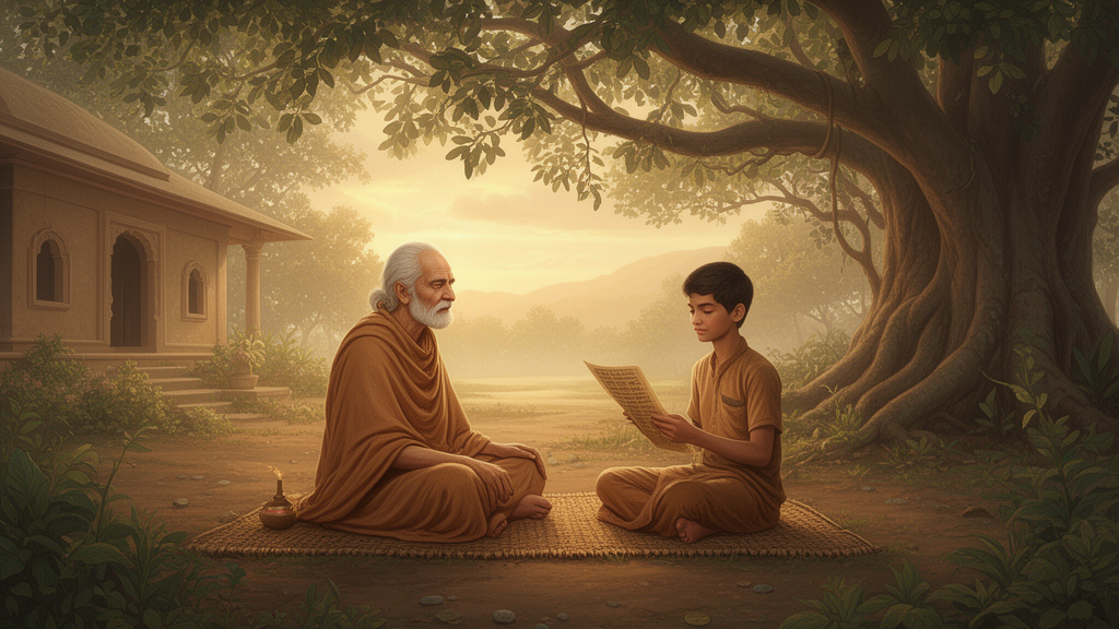 An elderly teacher seated on a mat in a shaded grove at dawn, guiding a young student who holds an open palm-leaf manuscript.