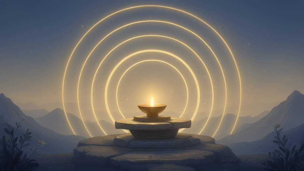A central lamp on a stone altar surrounded by five concentric rings of soft light, symbolizing the layered teaching of the five sheaths.