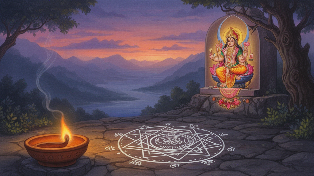 A lamp-lit shrine at dusk with a yantra on the floor and a small image of the goddess Shakti, illustrating tantric devotional practice.
