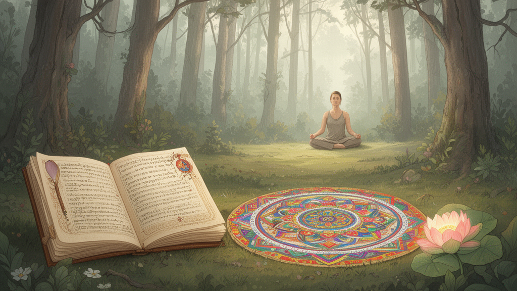 An open palm-leaf manuscript beside a colourful mandala and lotus, with a seated meditator in a quiet forest, representing the study of tantric texts.