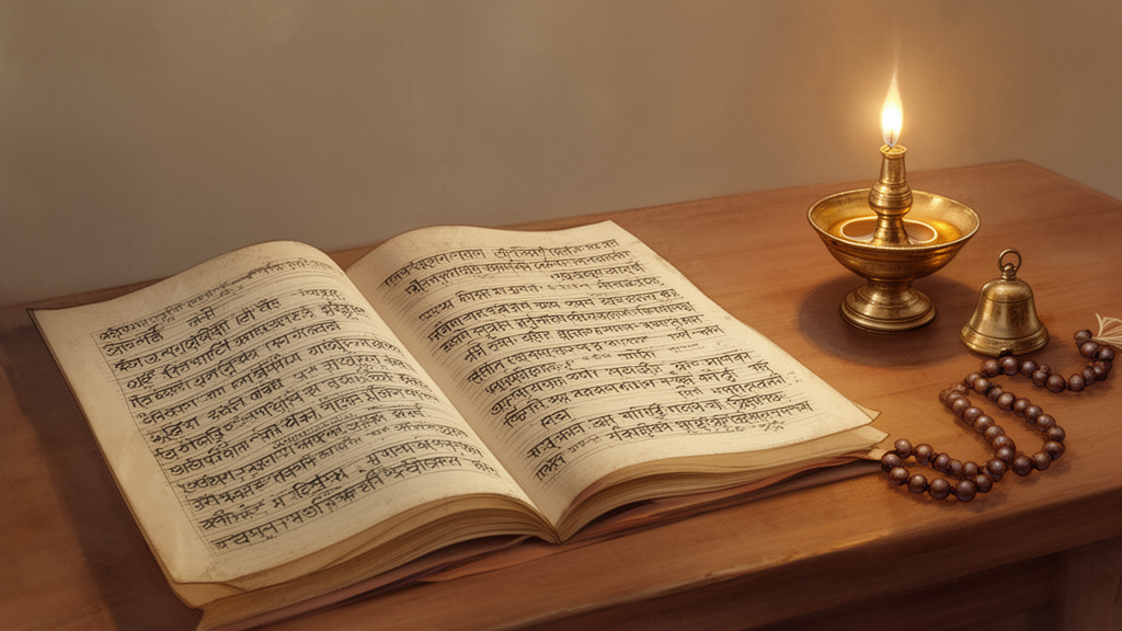 An open old-style manuscript and a brass lamp on a wooden table, representing the study of Bengali tantra texts.