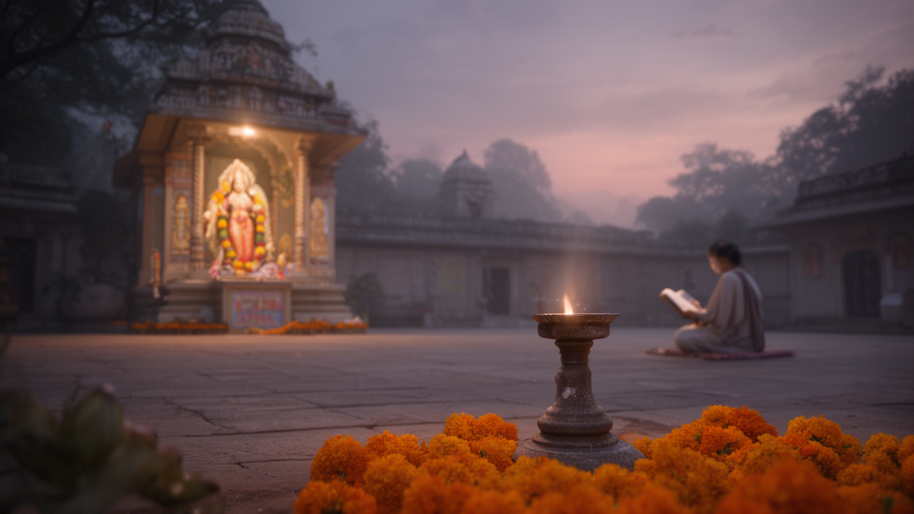 A quiet temple courtyard at dusk with a lamp and a reader in the distance, suggesting devotional study in Bengal.