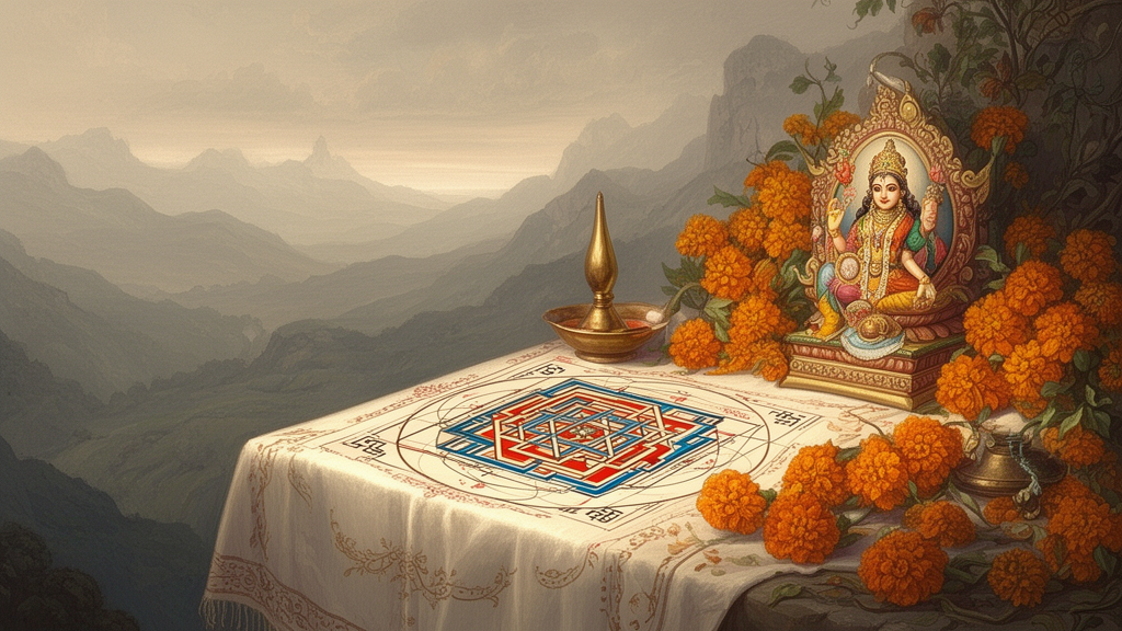 Illustration of a tantric worship altar with a Sri Yantra cloth, an oil lamp, marigold flowers, and a small goddess image.