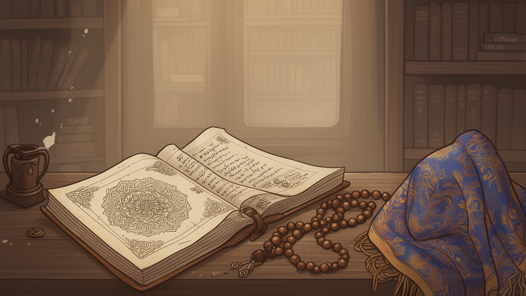 Illustration of an open manuscript beside a mandala diagram, a rosary, and a shawl in a quiet study room.