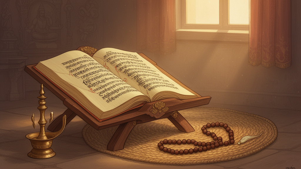 Illustration of a quiet study room with open manuscripts, an oil lamp and a rudraksha mala, suggesting the study of Shaiva tantra texts.