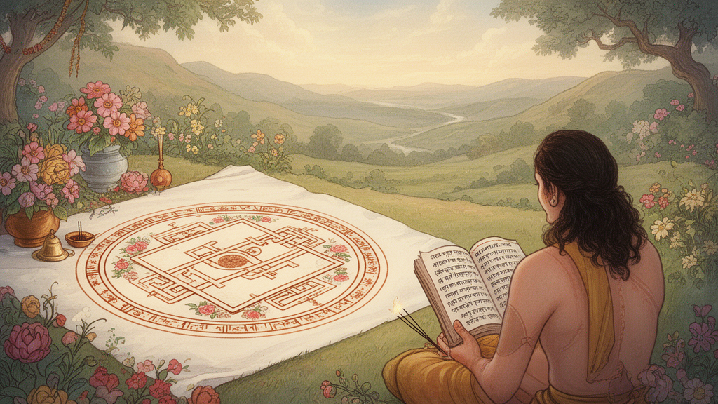 Illustration of a shrine with a yantra on cloth, flowers and a devotee reading a scripture, representing devotional tantric practice.
