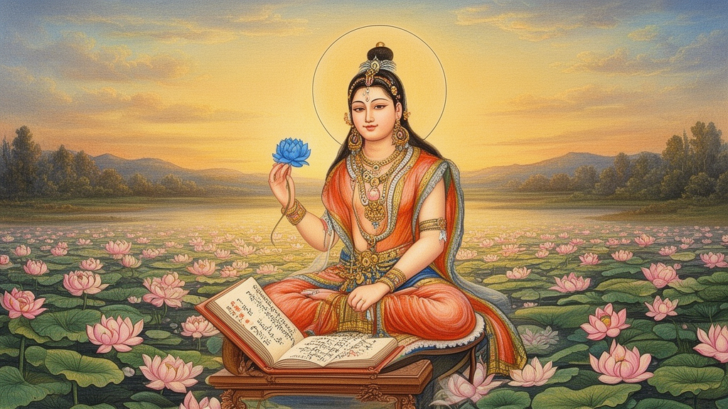 Painting of the goddess Tara seated among lotuses at dawn beside an open manuscript on a wooden stand, rendered in a traditional Indian miniature style.