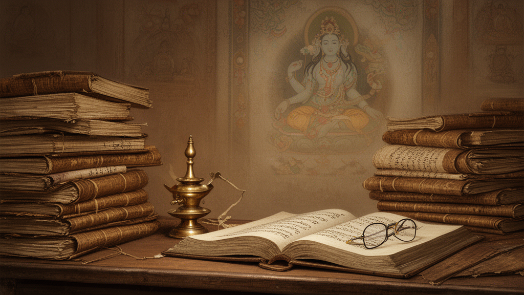 Study room with stacked manuscripts, an oil lamp and an open book, with a painted image of Tara on the back wall.