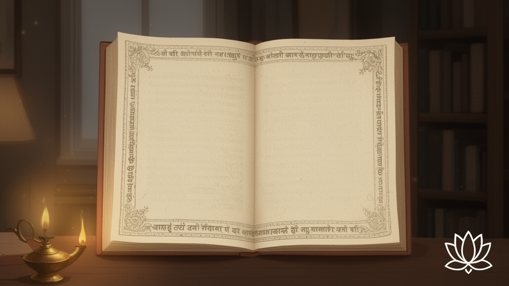 An open manuscript-style book in a quiet study setting with soft lamplight and a small lotus motif, suggesting the study of a Sanskrit philosophical text. No readable text is shown.