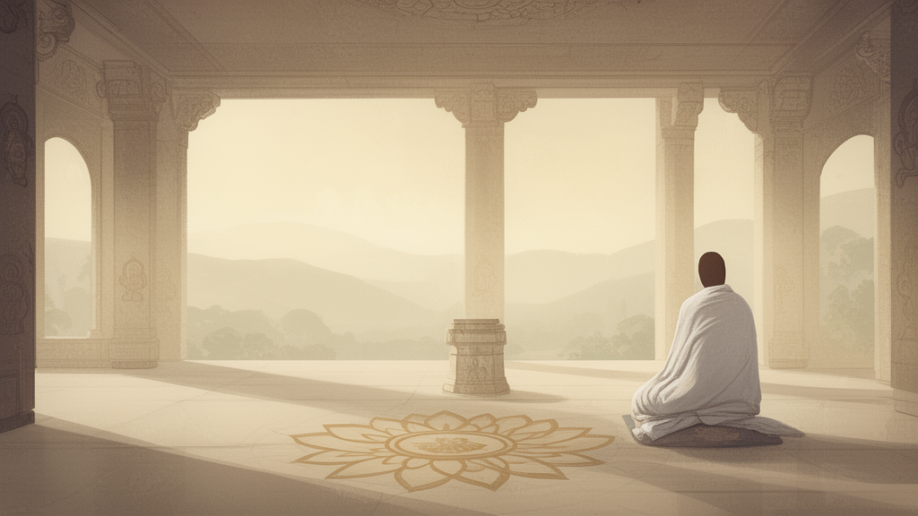 Seated figure in white robes in a calm stone hall with lotus motifs, suggesting Jain meditation and reflection.
