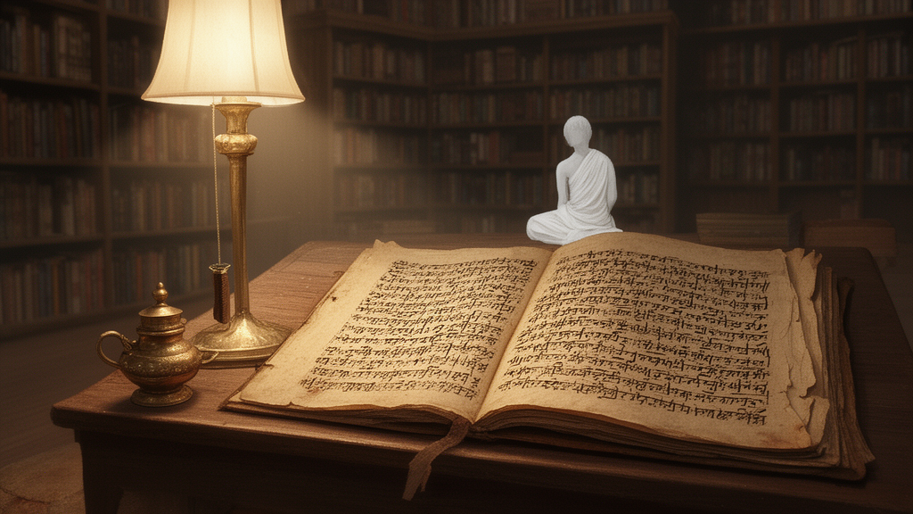 Open old manuscript on a wooden desk in a quiet library, with dense script-like marks and a lamp beside it, suggesting the study of Sanskrit texts.